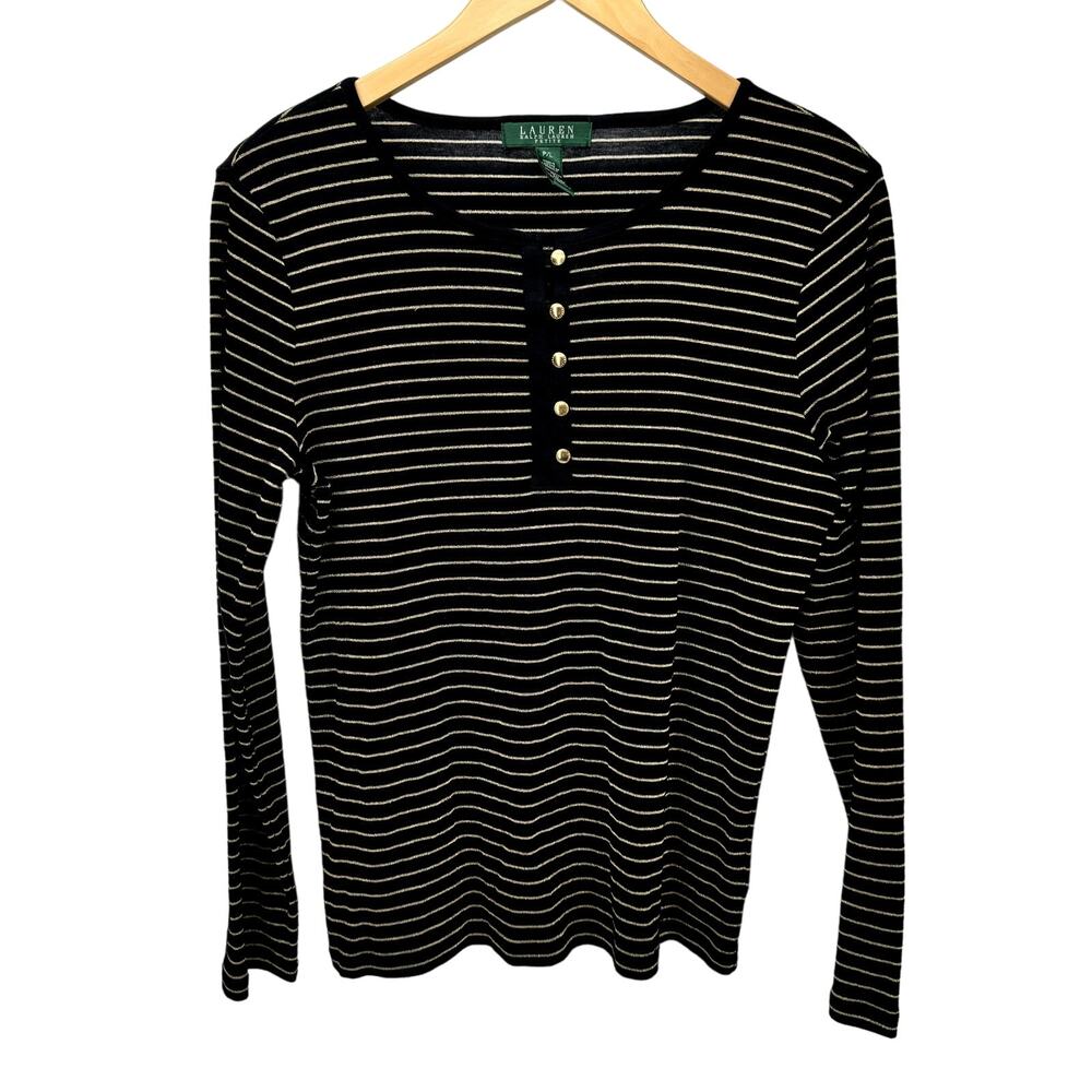 Lauren Ralph Lauren Sweater Womens Petite Large Lp Black Gold Metallic Stripe‎